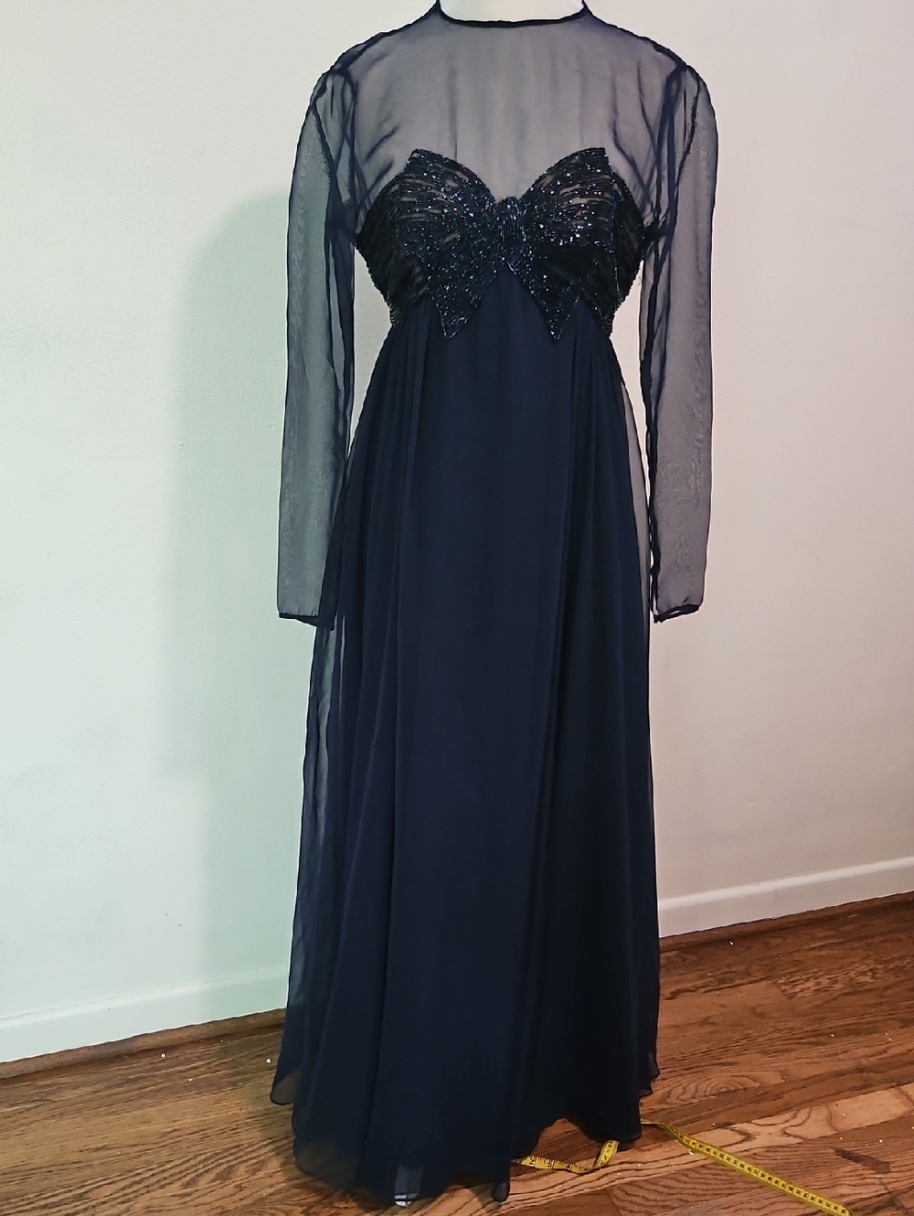 Royal Victoria '60s Vintage Navy Blue Beaded Bow. Bodice Maxi 6